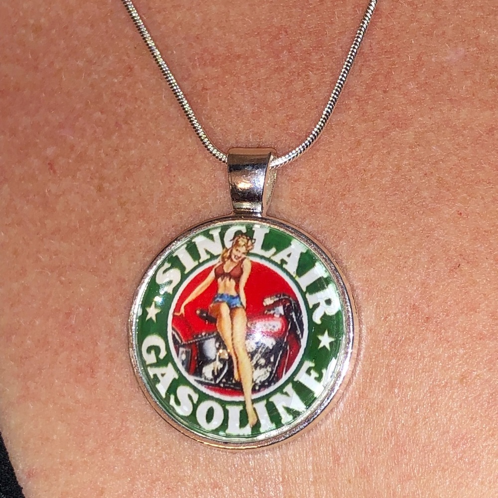 Biker pin up necklace sinclair gas globe pendant